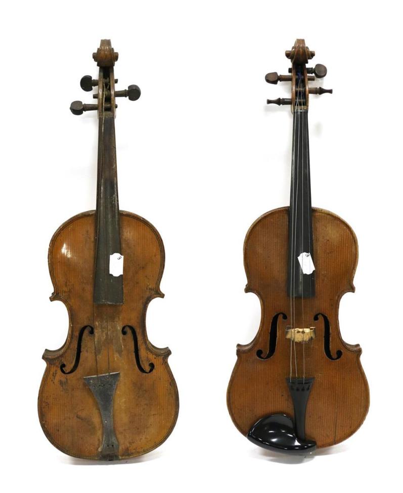 Violin 13 7/8'' one piece back, no makers mark or label, painted on purfling, in coffin case;