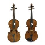 Violin 13 7/8'' one piece back, no makers mark or label, painted on purfling, in coffin case;