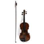 Violin 14'' one piece back, ebony fingerboard and tailpiece, no label, cased with bowShows