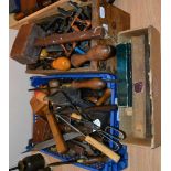 Various Woodworking Tools a mixed lot including a mallet, callipers, screw drivers, hand drills,