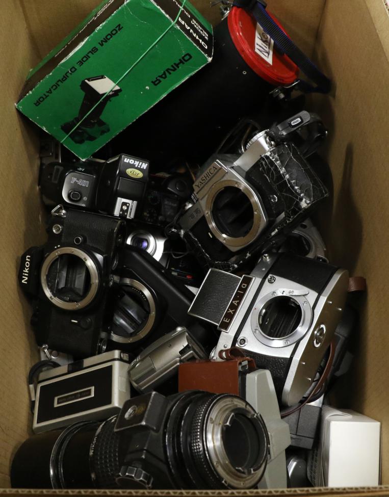 Various Cameras including EXA 1A, Nikon F401, Yashica FR and others (mostly without lenses)