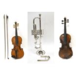 Violin 14'' one piece back, ebony fingerboard; together with a Violin 13 1/4'' two piece back (