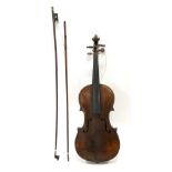 Violin 14 1/8'' two piece back, ebony fingerboard, with two bows, casedRequires restoration to