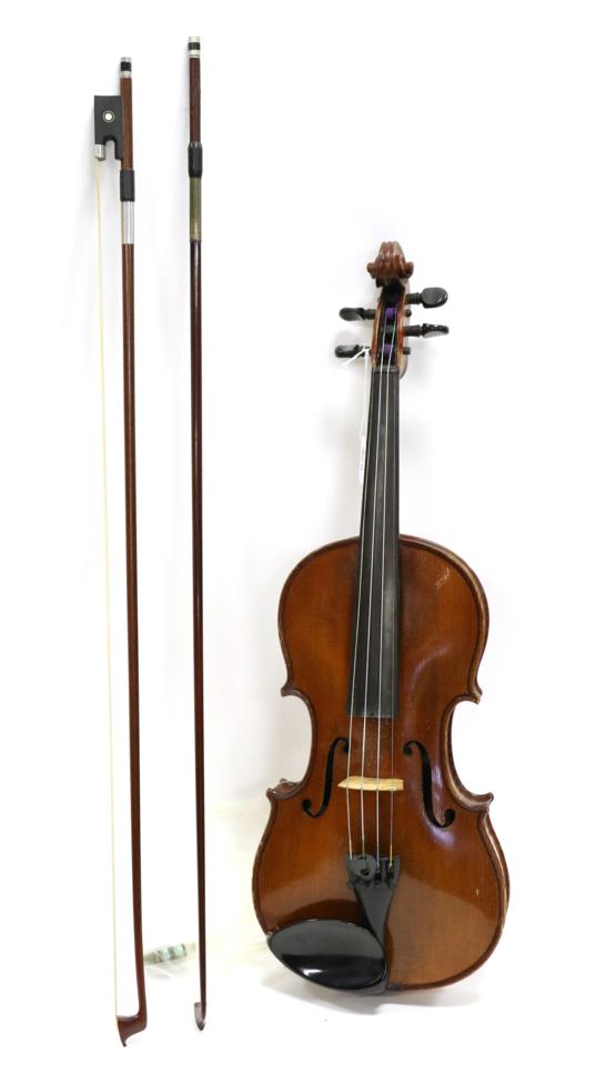 Violin 14'' two piece back, ebony fingerboard, no label, cased with two bows