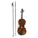 Violin 14'' two piece back, ebony fingerboard, no label, cased with two bows