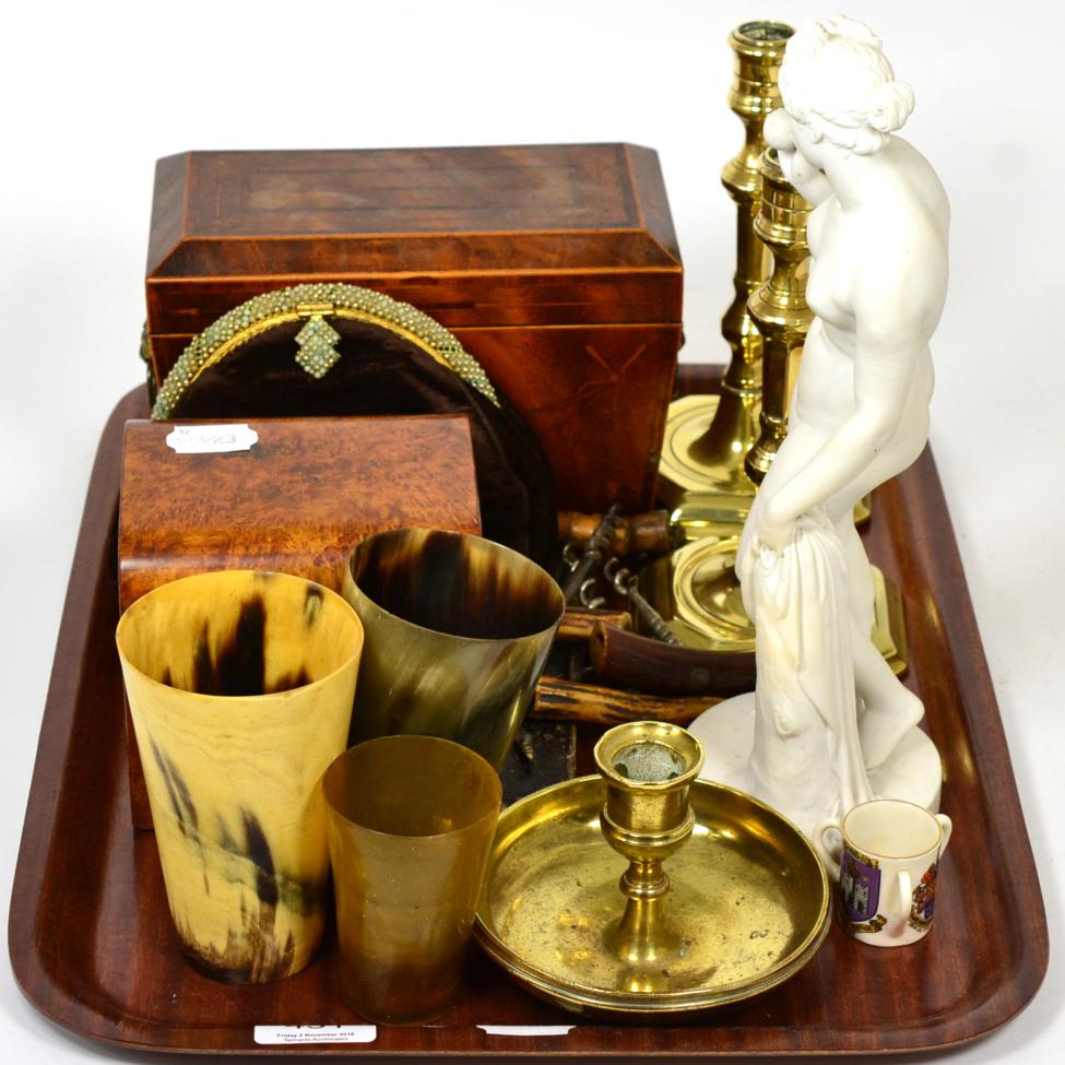 Two 19th century tea caddies, a pair of 19th century brass candlesticks, three horn beakers, a