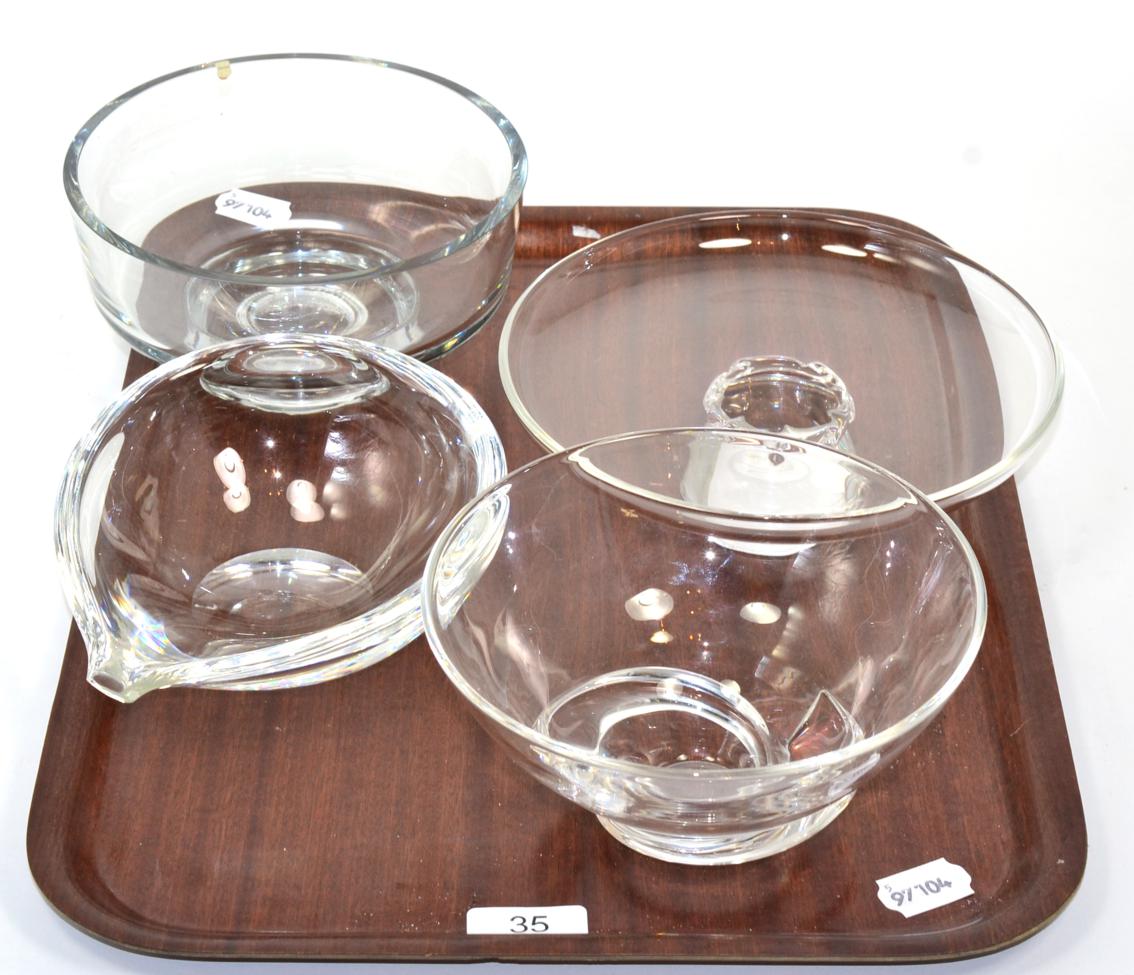 Three pieces of Steuben art glass together with a similar pedestal bowl