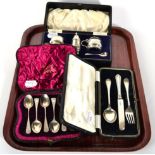 A small group of silver items,to include cased teaspoons; condiment set etc; together with a