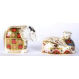 A Royal Crown Derby Imari paperweight, Harrods Small Elephant and Lion Cub (2)