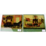 A pair of 19th century hand coloured reverse prints on glass, Nelson's funeral, unframed, 20cm by