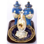 A Coalport plate; a pair of baluster vases; and an Austrian vase