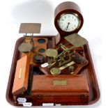 Two sets of postal scales; a cased set of weights; a hydrometer; and an Edwardian mantel clock