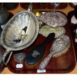 A tray including a silver backed brush, pill box, etc