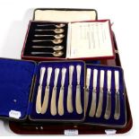 Assorted cased sets of silver teaspoons; pastry forks; silver collared tea knives; a pair of serving