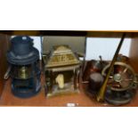 A group of miscellaneous including two lanterns, Hickory wool winder; copper measures; leather