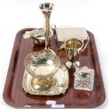 Assorted silver table wares to include: a small sqaure salver; an Egypian pierced bowl; cream jug;