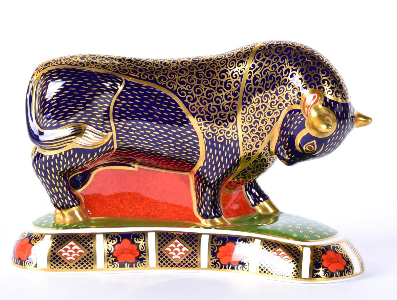 A Royal Crown Derby Imari paperweight, Bull