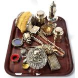 Assorted silver items, to include: two small caddies; an octagonal caster; a pair of brushes;