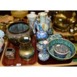 A Chinese champleve and gilt metal vase, 22cm height; a cloisonne vase and a bronzed melon fluted