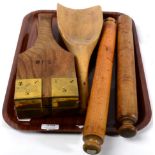 A tray of 19th century treen kitchenalia including grain scoop