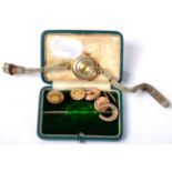 A 9 carat gold lady's wristwatch; a pair of cufflinks and a stickpin (3)