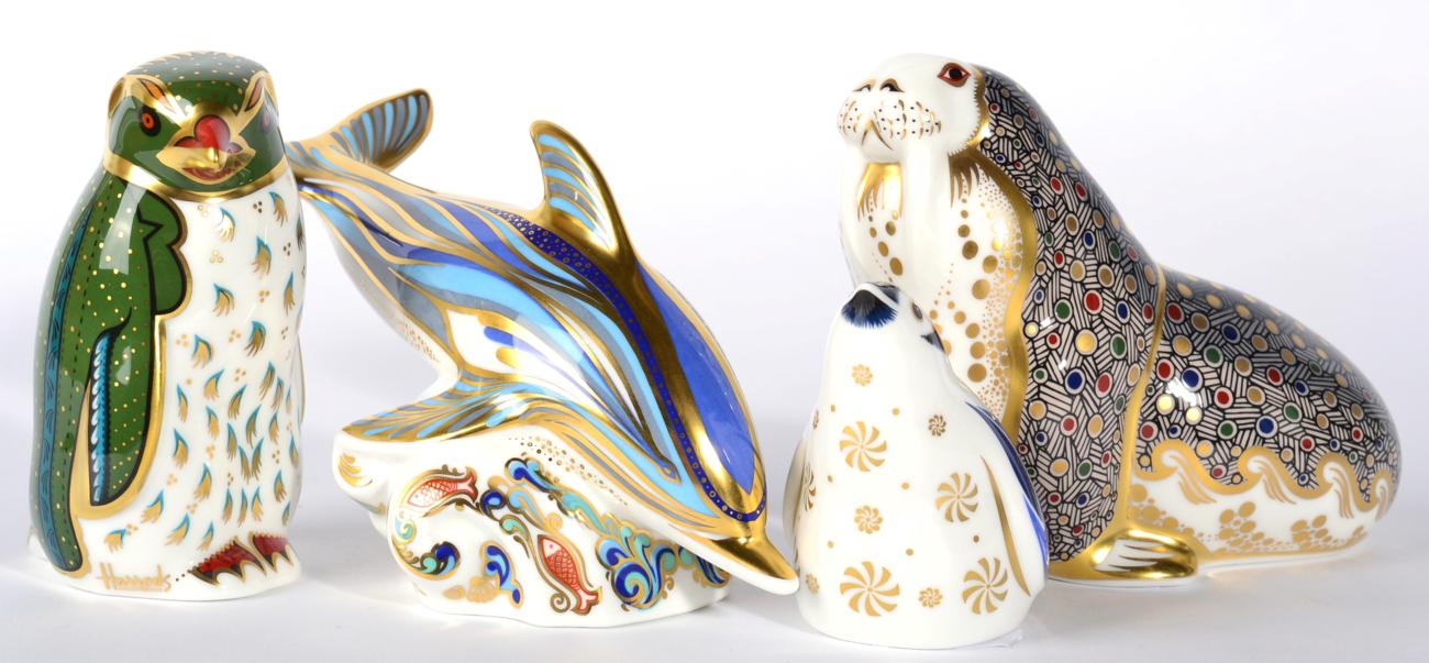 Royal Crown Derby Imari paperweights, Striped Dolphin, Russian Walrus, Rockhopper Penguin and