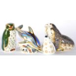 Royal Crown Derby Imari paperweights, Striped Dolphin, Russian Walrus, Rockhopper Penguin and