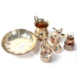 A pair of small silver dishes stamped HB; a silver mounted scent bottle; a silver pear shaped salt