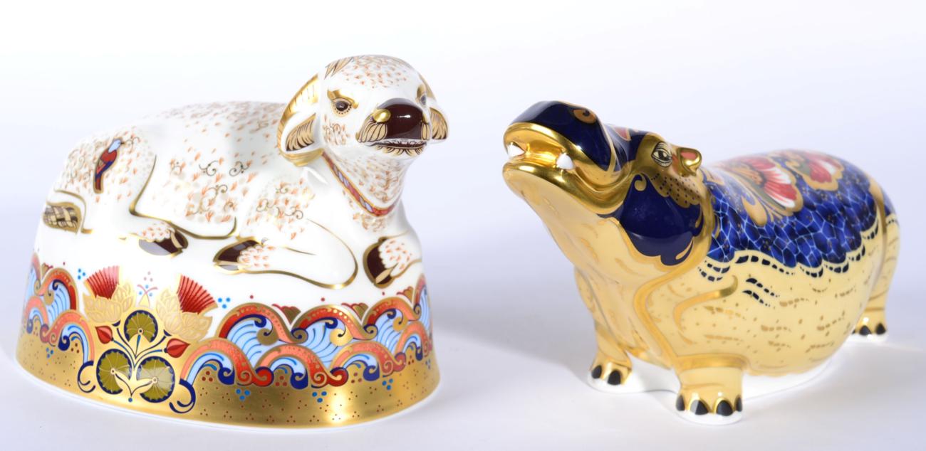 Royal Crown Derby Imari paperweights, Hippopotamus and Water Buffalo (2)