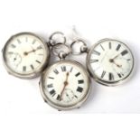 Three silver open faced pocket watches