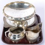 A silver footed bowl; a sugar; a cream; together with a plated dish (4)