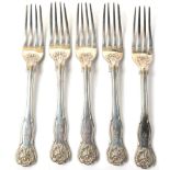 A set of five William IV silver Kings Husk pattern dessert forks, London 1833, crested, 10.1ozt