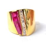A ruby and princess cut diamond dress ring, finger size S/12, stamped '750', 11.4g