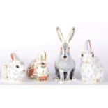 Royal Crown Derby Imari paperweights, Starlit Hare, Snowy Rabbit, Meadow Rabbit and Bunny (4)
