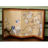 A 20th century Chinese four-fold table screen, hand-painted birds and foliage, faux bamboo frame