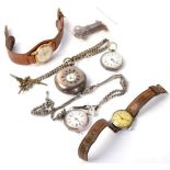 A silver cased demi-hunter pocket watch; two fob watches; two wristwatches and watch keys