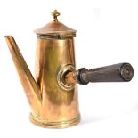 A 19th century brass hot chocolate pot with turned wooden handle with presentation inscriptions