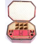 Regency red Morocco mounted octagonal sewing box, with brass hinged knop to the top, ivory