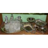 Two silver mounted cut glass decanters; three further decanters; an electroplated tray and various