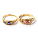 An 18 carat gold sapphire and pearl ring, finger size N1/2; and an 18 carat gold ruby ring (a.f.),