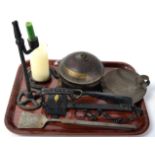 A small group of antique farmhouse items including candle holders; rat trap; spice box etc