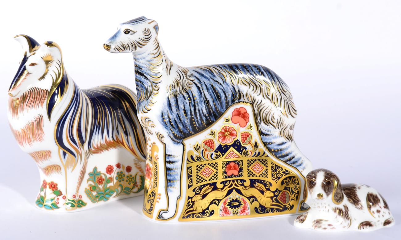 Royal Crown Derby Imari paperweights, Lurcher; Rough Collie and Scruff (3)