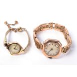 A 9 carat gold wristwatch on fancy strap; and a gold cased wristwatch (2)
