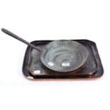 A 19th century copper pan with wrought iron handle together with two rectangular copper trays