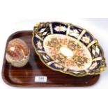 A Royal Crown Derby Owl paperweight, gold stopper; and a Royal Crown Derby Imari shaped oval dish (