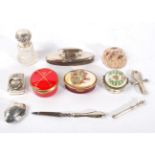 A modern silver clam shell box; an Art Nouveau style pill box; a Camelot silverware model of a frog;