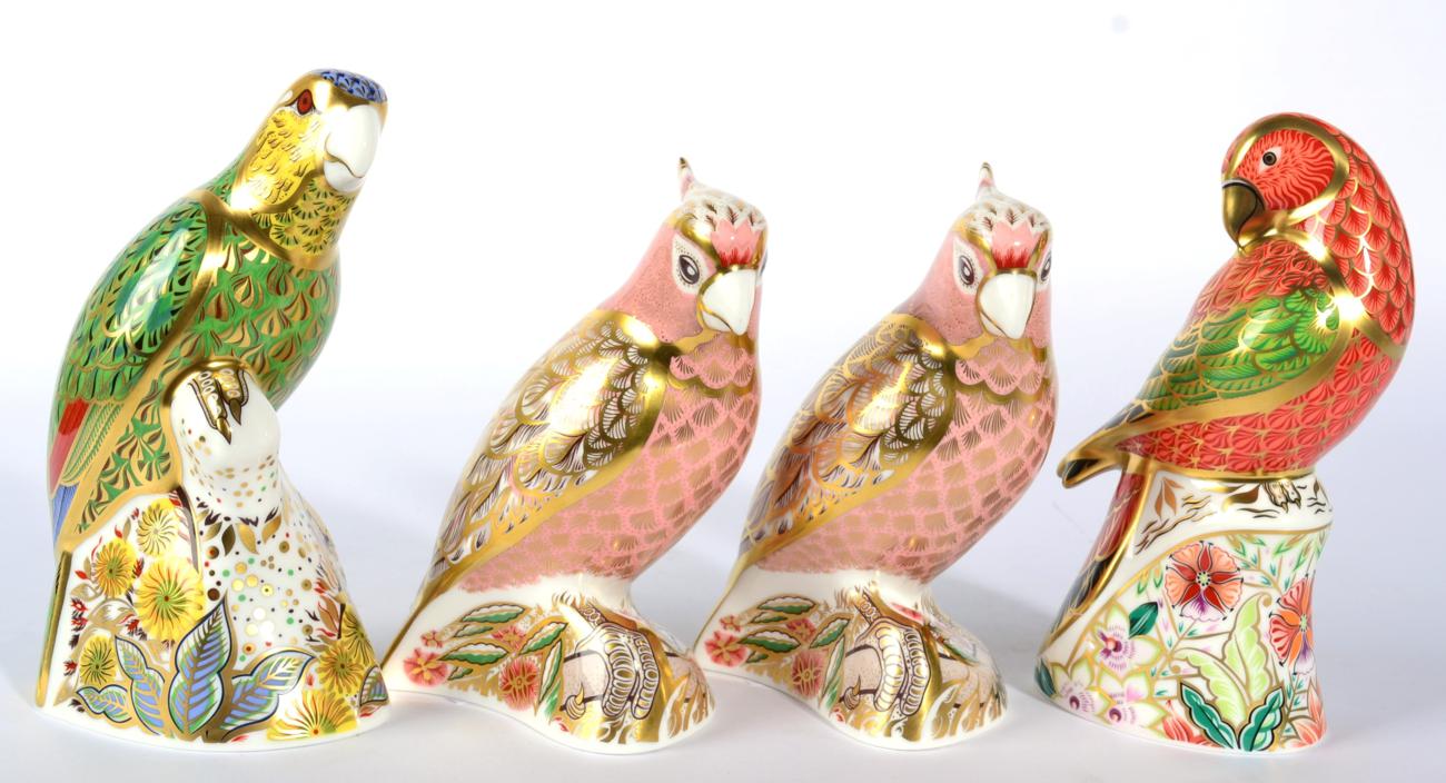 Royal Crown Derby Imari paperweights, Amazon Green Parrot, Cockatoo, Lorikeet and another
