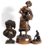 After Rancoulet, a bronze of a flower girl; a reproduction bronze bust; and a reproduction bronze