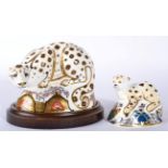 Royal Crown Derby Imari paperweight, Snow Leopard, on wooden base and Leopard Cub (2)