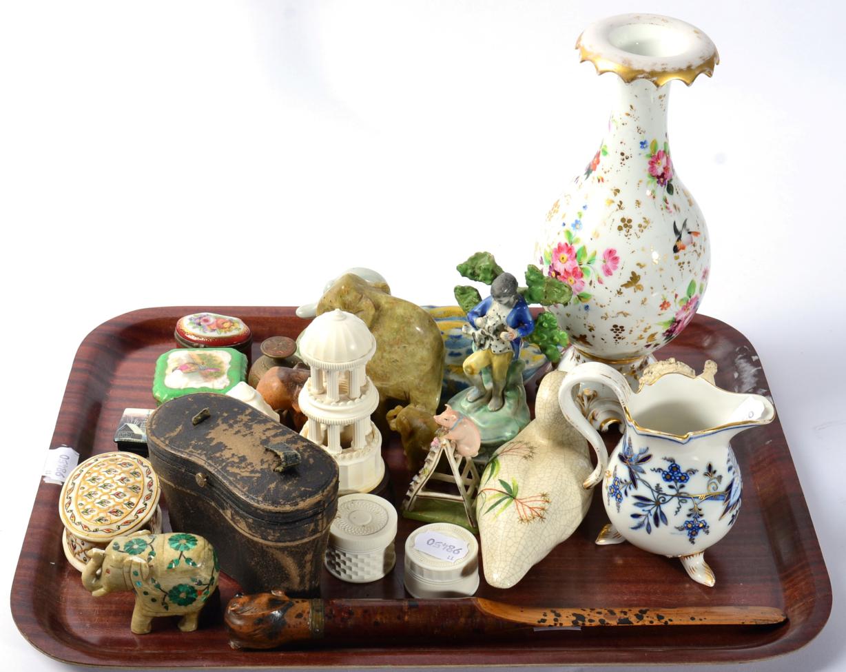 A tray of assorted collectables including ceramics; pre-1947 ivory items; various small boxes; cased